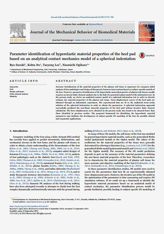 SCI 논문: Hyperelastic material properties of the heel pad